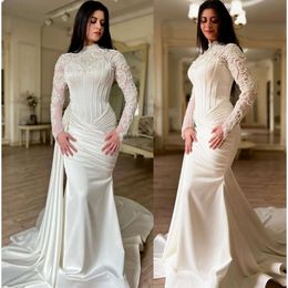 Mermaid Ebi Arabic Aso Satin Wedding Dress Lace Beaded Long Sleeves Ivory Bridal Gowns Dresses ZJ es