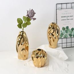 Vases 1pc Ceramic Gold Vase Living Room Home Decoration Hydroponic Container Household Flower Arrangement Device Office Decor