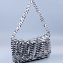 Evening Bags Handmade Metal Silver Beaded Bag Luxury Design Hollow Out Shoulder Underarm Party Club Armpit Purse High Quality