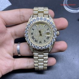 Popular Prong Set Men's Diamond Watch Size 43mm Gold Diamond Face Gold Stainless Steel Strap Watch Automatic Mechanical Wrist301U