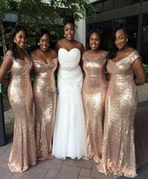 2022 African Rose Gold Sparkly Mermaid Bridesmaid Dresses Off Shoulder Sequined V Neck Plus size Sexy Beach Wedding Gowns Light Go1671834