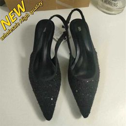 Cheap Store 90% Off Wholesale Za 2024 Autumn Product High Heels Pointed Black Beaded Middle Heel Slim Womens Sandals Small Fragrant Style Shoes