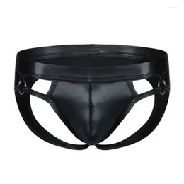 Underpants Men's Low Rise Sexy PU Leather Hollow Out Underwear Jock Strap Tight Briefs Elastic Thong G-String Pouch Panties