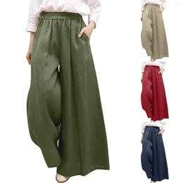 Women's Pants Spring Summer Women Wide Leg Office Lady Cotton Linen Pockets Solid Colour Loose Casual Trousers Elastic Waist Palazzo
