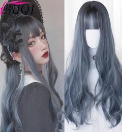 BUQI Omber Wigs Long 28inches Dark Blue Water Wave Bangs Heat Resistant Hair For Women Cosplay Party Prom Lolita Halloween2165345