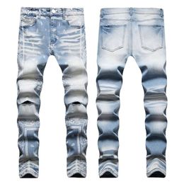 Trendy Brand AM Light Blue Elastic Slim Fit Small Straight Leg Knee Puncture Cashew Flower Digital Printed Jeans for Men