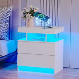 DNBSS Charging Station LED Lights, Modern 2 Drawers, Smart Table with USB Port and Wireless Charger, Bedroom Bedside Table, White