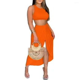 Work Dresses 2024 Women's Summer Apparel Solid Color Cross Irregular Casual Fashion Sexy Fit Tank Skirt Two Piece Set