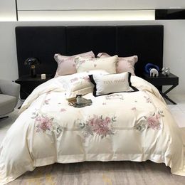 Bedding Sets White Pink Egyptian Cotton Luxury Rose Flower Embroidery Duvet Cover Bed Sheet Pillowcases Solid Color Home Textile