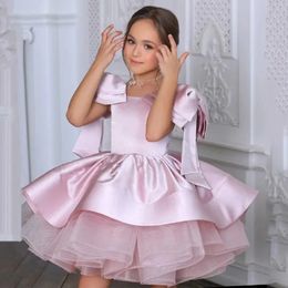 Big Bow Flower Girl Dress with Cape Princess Ball Gown Baby Birthday Party Dresses Glitter First Communion 240312