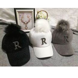 Faux Fur Pompom Baseball Cap Winter Warm Cap For Women Rhinestone Diamond Letter Visor Hats 240311