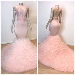 Ruffle Long Pink Prom Dresses Mermaid Sexy Lace Applique High Neck Sleeveless Lace Up Illusion Sweep Train Elegant Evening Formal Gowns