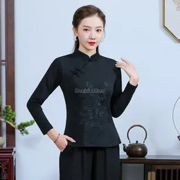 Ethnic Clothing 2024 Chinese Style Vintage Embroidered Floral Base Shirt Long Sleeve Stand Collar Choeongsam Blouse For Women S637