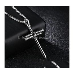 Pendant Necklaces Hip-Hop Splicing Nail Cross Necklace Mens Gold Stainless Steel Jesus Christ Pendants Hip Hop Jewelry Drop Delivery Dh9A5