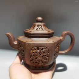 Decorative Figurines 8"Chinese Yixing Zisha Pottery Kiln Transformation Relief Flower Texture Hollow Out Hexagonal Pot Teapot Kettle