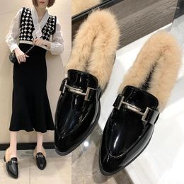 Casual Shoes Metal Buckle Fur Flats Woman Matte&japanned Leather Winter Women Chunky Heels Pointed Toe Cotton Loafers Femme 2024