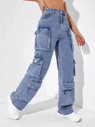 Women's Jeans Style Cargo Pants Straight Leg Heavy Weight Denim High Rise Side Pockets Baggy Y2k