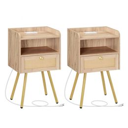 HOOBRO Charging Station, 2-piece Set, Side Table with Shaped Decorative Drawers, Open Storage Rack, Rattan Bedroom, Bedside Table, Study, White Oak DO92UBZP201