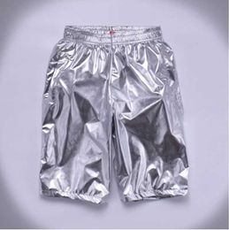 Men's Shorts Mens loose silver shorts mens casual shiny jogging sweater mens motorcycle metal shorts A9051 J240322