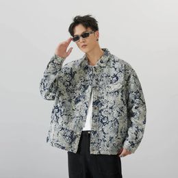 Printed Hole Vintage Denim Coats 2024 Spring Autumn Mens Coat High Street Fashion Man Jacke 240311