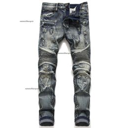 Pantaloni lunghi alla moda con fori sgualciti e strappati, jeans da moto da uomo a vita media a tubo dritto elastico piccolo