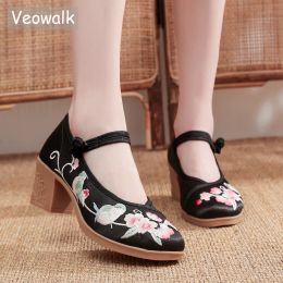 Pumps Veowalk Women Satin Embroidered 6cm Block Heel Shoes Comfortable Elegant Ladies Casual Mary Janes Chinese Style Shoes Black Pink