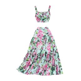 Flower Two Piece Sets Women Dress Suits Sexy Crop Tops Pleated Maxi Long Skirts Summer 2pcs Outfits 240321