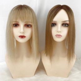 Bangs Brown Blonde Ombre Remy Human Hair Women Topper With Fringe #4/60 Two Tone Fine Hair Pieces Overlay Air Bangs 14inch 4X5.5inch