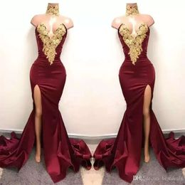 Sexy afrikanische neue Bury Prom -Kleider tragen Meerjungfrau Gold Spitze applizierte vordere Split K Elegante formale Abendpartykleider