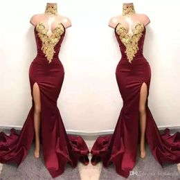 Abiti sexy africani nuovi seppelli da ballo indossano sirena in oro in pizzo da fronte appliqued split k eleganti abiti da sera formali da sera