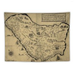 Tapestries Vintage Barbados Pictorial Map (1657) Tapestry Aesthetic Room Decoration Wall Carpet Funny Art Mural
