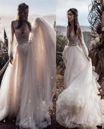 Bohemian Wedding Dresses With Belt A Line Two Pieces Long Sleeve Lace Appliqued Boho Wedding Gowns Sweep Train Tulle Beach Bridal 2839403