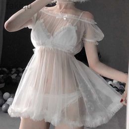 Sexy Set Kawaii Tulle Lace Nightdress Lingerie Pyjamas Set for Women Off-Shoulder Temptation See Through Dress Erotic Cosplay Costumes 24322
