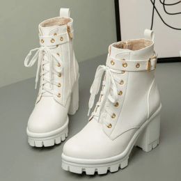Boots Winter Sweet Korean Girls White Sole Shoes LaceUp Platform Block High Heels Belt Women Warm Martin Boots Small Size 33