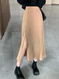 Skirts Fashion Autumn Winter Korean Knitted Women Elastic Waist Split A-line Female Elegant Long