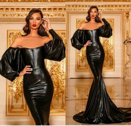 black mermaid prom gowns off shoulder long sleeve evening gowns zipper back formal party runway fashion dress