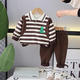 Clothing Sets Designer Baby Boy Clothes 2024 Spring Korean Style Cartoon Striped Turn-down Collar Long Sleeve T-shirts Pants Kids Boys Suit