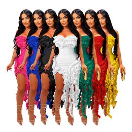 Fashionable Irregular Tassels Women Club Party Dress Sexy Strapless Ruffles Sleeveless Zipper Back Casual Bodycon Dresses Female