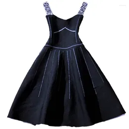 Casual Dresses 2024 Summer Autumn High Waist Big Swing Knitted Dress Women Spaghetti Strap Black Ball Gown Party