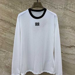 Men's T-Shirts designer brand Miu style high board contrasting round neck pure cotton T-shirt with embroidered letters and loose long sleeved top for women's spring new