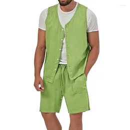 Men's Tracksuits Two Piece Cotton Linen Vest Shorts Set For 2024 Summer Casual Sleeveless Cardigan Tank Tops Drawstring Suits