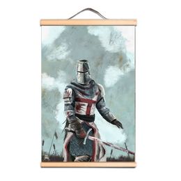 Christ Armor Warrior Banner Wall Hanging Picture Vintage Knights Templar Posters Canvas Scroll Painting with Solid Wood Axis CD20