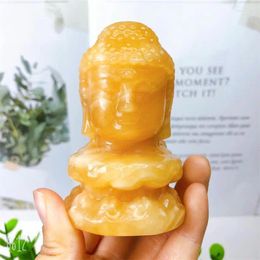 Decorative Figurines 8CM Natural Yellow Calcite Buddha Mini Carved Fengshui Crystal Statue Craft Healing Gemstone Home Office Decoration