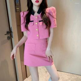 Work Dresses 2024 Summer Professional Women's Short Bubble Sleeve Mock Neck Coat High Waist Skirt Set Ladies