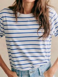 Women's T Shirts 2024 Women Blue Stripes T-Shirt Casual Loose Tee Femaler Retro O-Neck Short Sleeve Tshirt