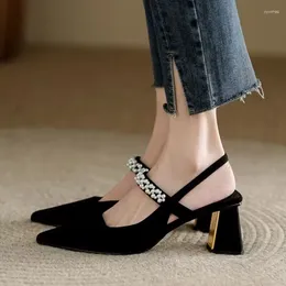 Dress Shoes Black Mid Heel Sandals For Women 2024 Summer Shiny Crystal Straps Pointed Toe Woman Slingbacks Pumps Ladies