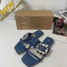 Cheap Store 90% Off Wholesale Za 2024 Womens Shoes Blue Denim Flat Bottom Slippers Belt Buckle Crystal Glass Decoration One Word Female