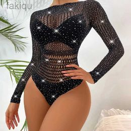 Sexy Set Sexy Fishnet Girl Wear Rhinestone Long Sleeve Diamonds Bodycon Dress Bodystocking 24322