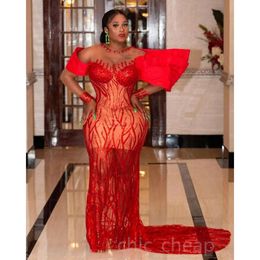 Aso ebi Red Aparic Mermaid Dresses Dresses Heeded Sequed Lace Asevial ​​Party Second Snept Second Disparty Condagement Dression ZJ