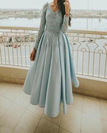 Light Blue Tea Length Party Formal Dresses 2022 With Lace Long Sleeve Aline Draped Aline Plus Size Prom Dress Evening Cocktail G9482038
